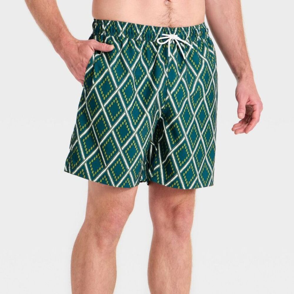 Men's 7" Vacation Collection Diamond Print Swim Trunks - Teal Blue M